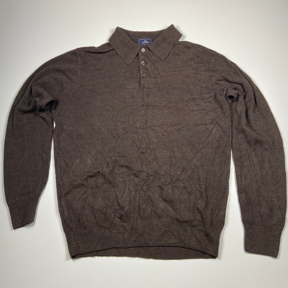 Dockers Mens Brown Diamond Argyle Knit Polo Sweater Large L Long Sleeve 3 Button